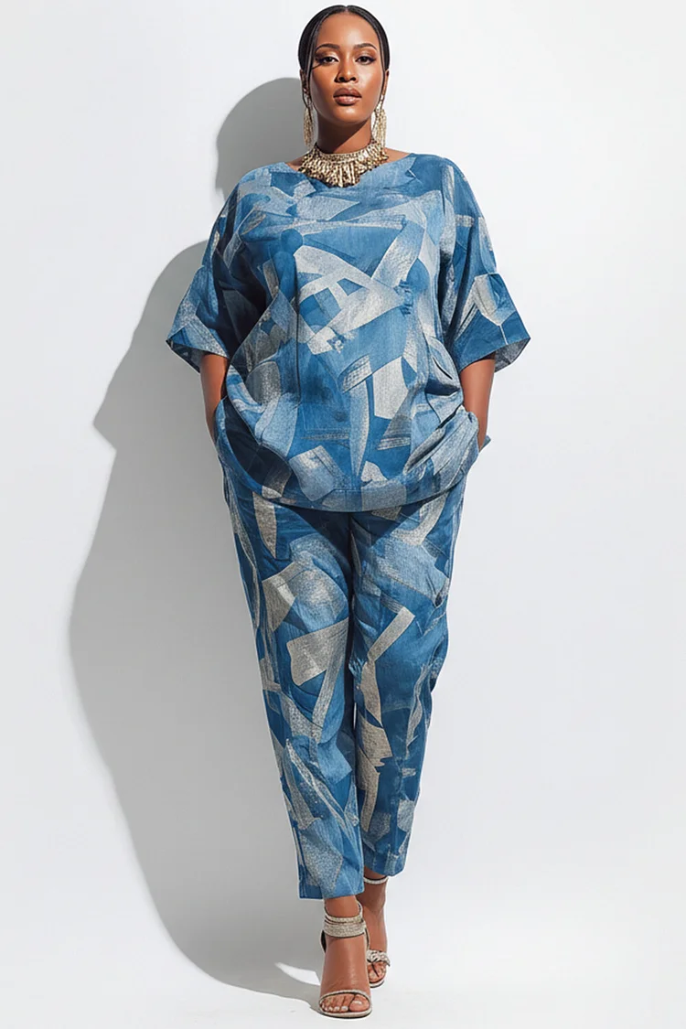Xpluswear Design Plus Size Daily Blue Denim Print Round Neck Short Sleeve Pocket Two Piece Pant Sets 2024 - Xpluswear