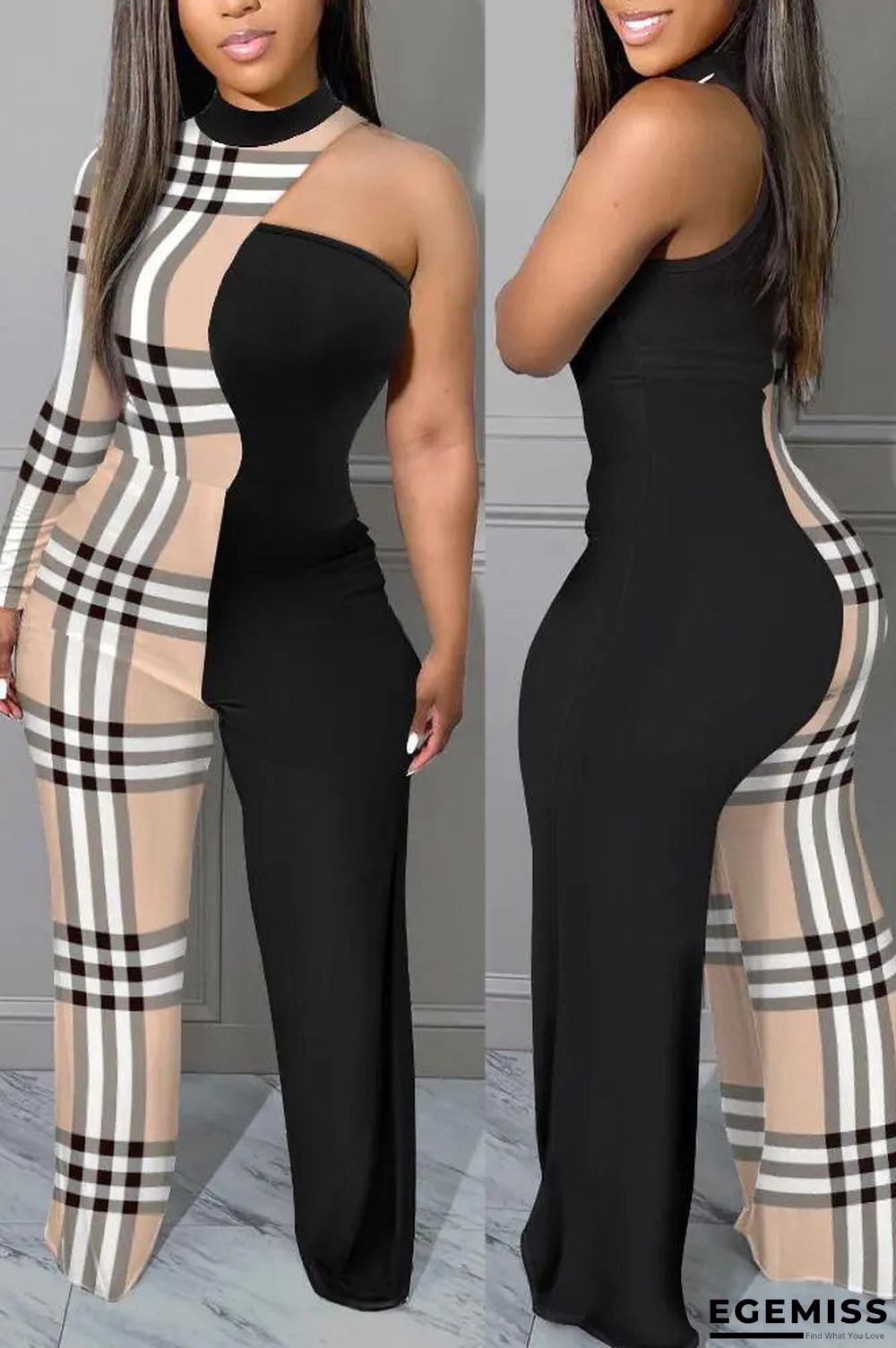 Apricot Sexy Plaid Print Patchwork Printing O Neck Regular Jumpsuits | EGEMISS
