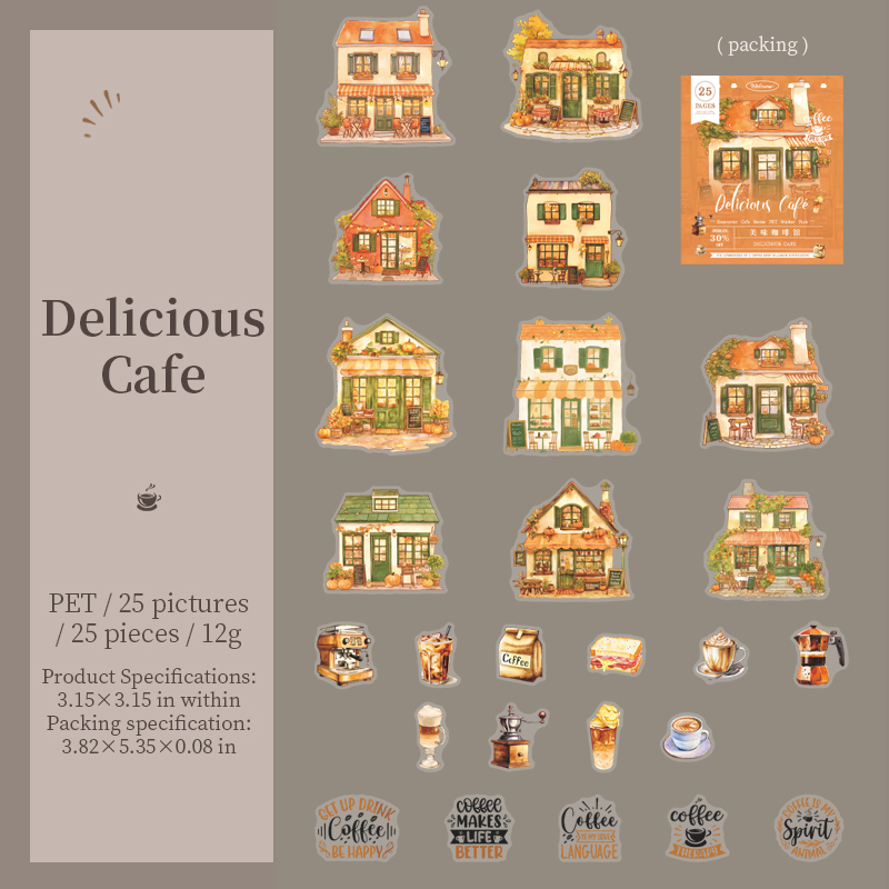 PET Sticker - Encounter Cafe Series Vintage Plant Coffee Building Landscaping 