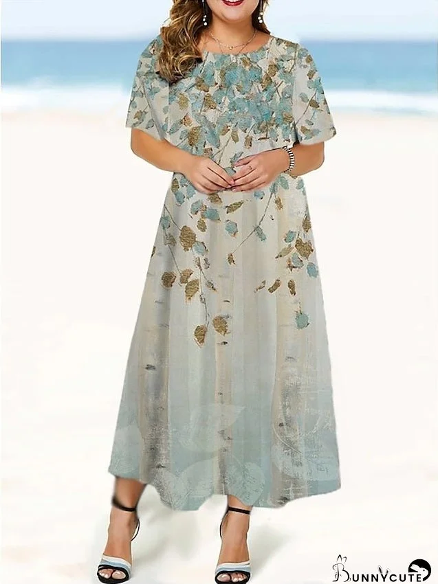Plus Size Apple Shaped Dress Casual Dress Graphic Leaf Midi Dress Short Sleeve Print Crew Neck Fashion Daily Light Green Summer Spring Dress for Women