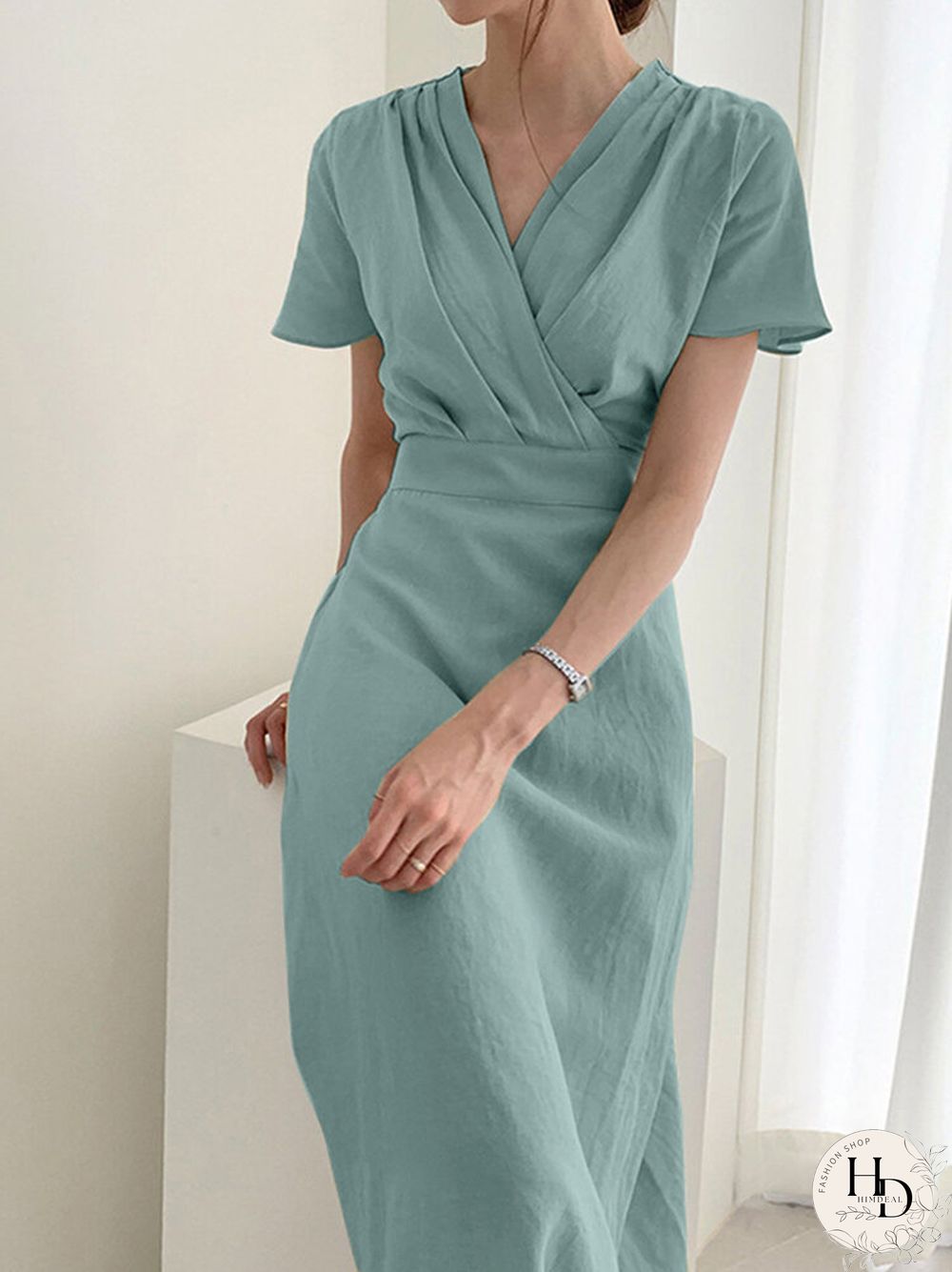Solid Wrap V-neck Short Sleeve Casual Dress For Women