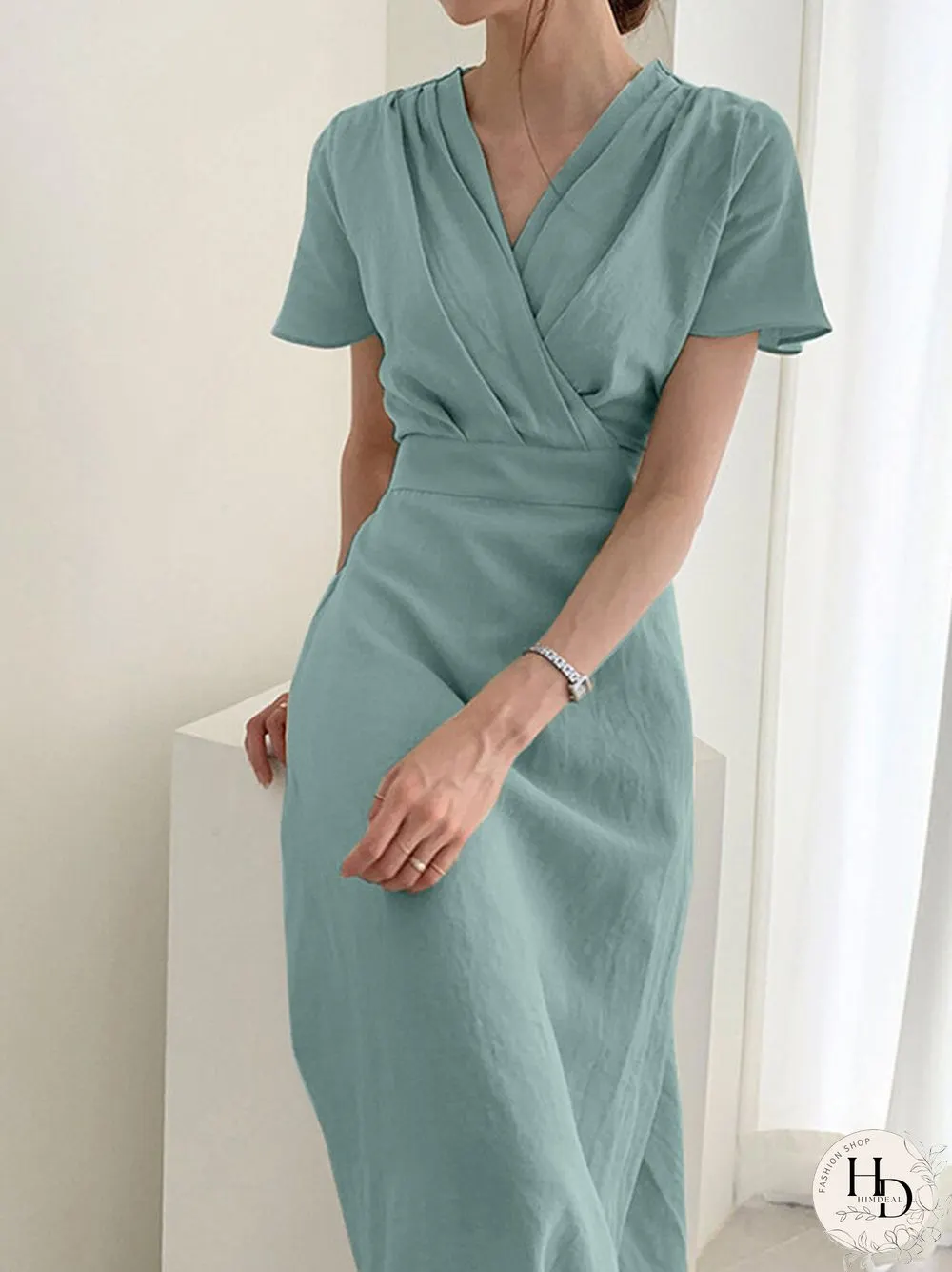 Solid Wrap V-neck Short Sleeve Casual Dress For Women
