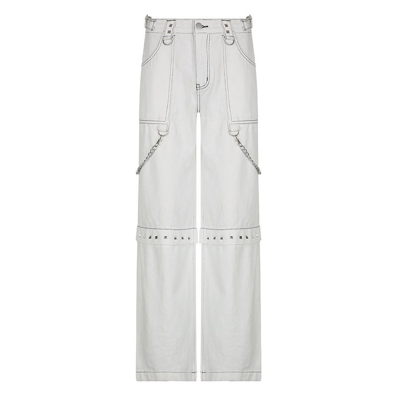 Street Women's Clothing Rivets Chain Low Waist Overalls Denim Trousers Jeans