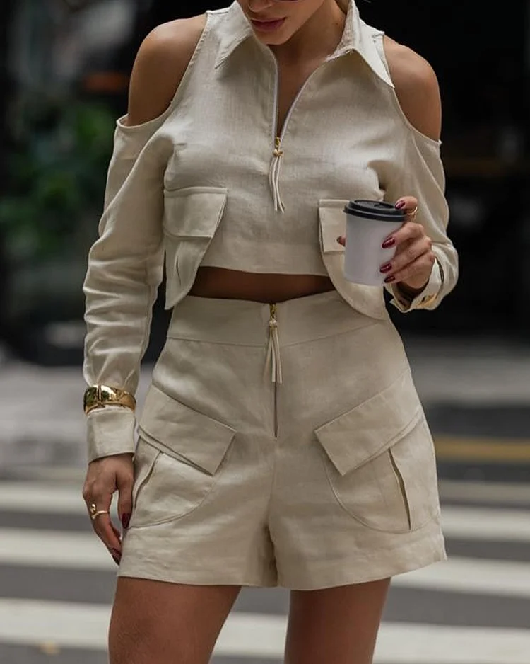 Lapel long sleeve hollow solid color mini two-piece suit