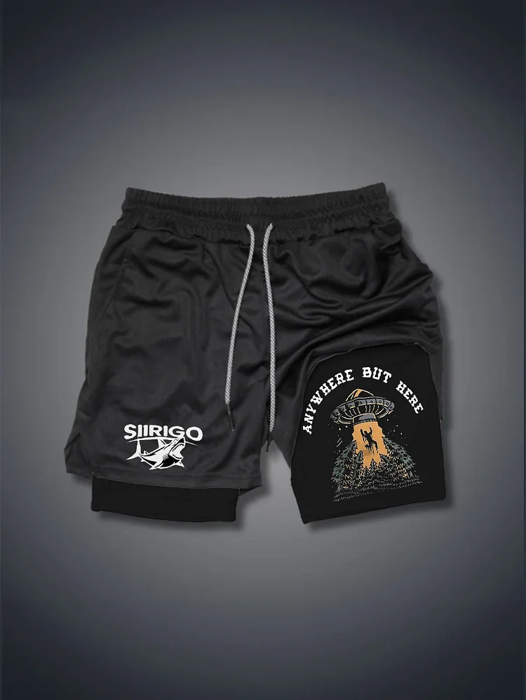ANY WHERE BUT HERE UFO PRINTED 2 In 1 GYM PERFORMANCE SHORTS