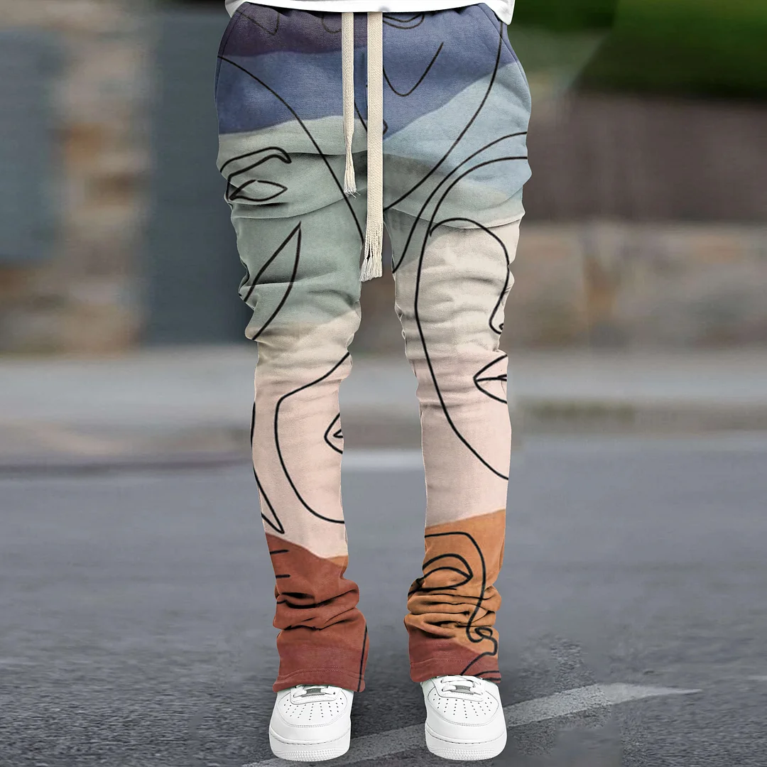 Vintage abstract art print slim fit flared trousers