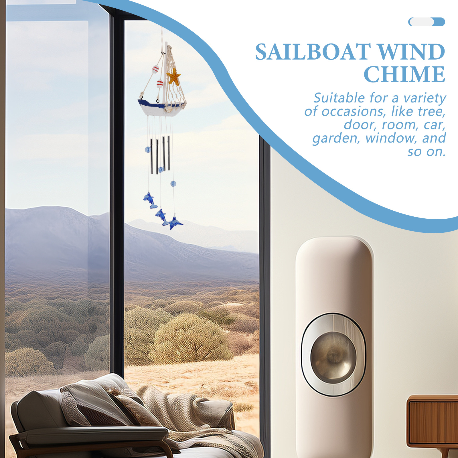 Tegooe Nautical Sailboat Wind Chime with Dolphin Pendants - Coastal Home Garden Decor