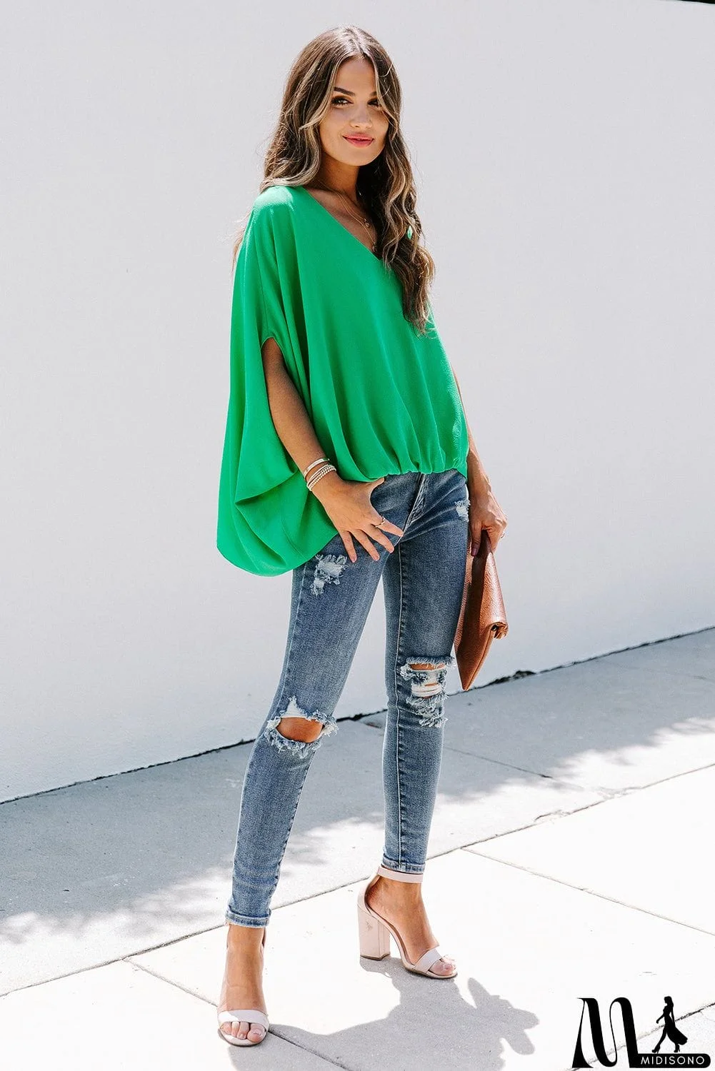 MidiSono - Draped Dolman Sleeves V Neck Blouse