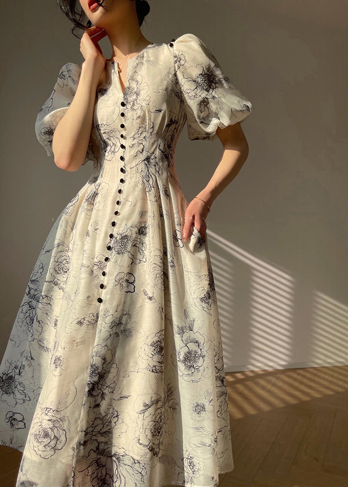 VCSHOES V Neck Print Button Chiffon Maxi Dress Short Sleeve