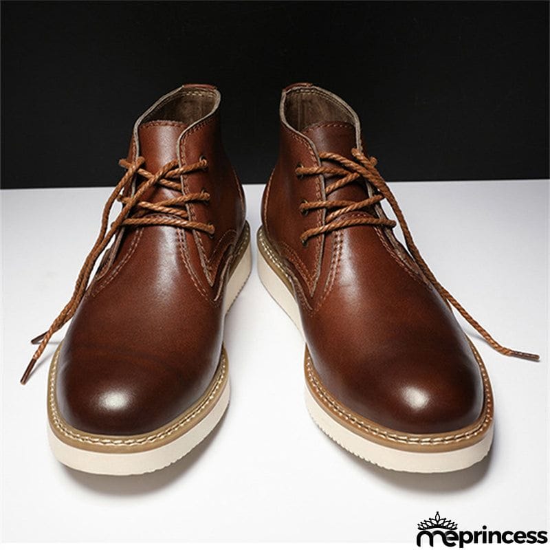 Mens Casual High Top Lace Up Genuine Leather Round Toe Ankle Boots