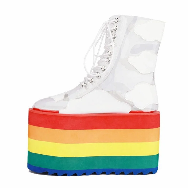 Women's Mid Calf Boots Flat Platform Cross-tied Thick Bottom High Heel Women Shoes Printing Transparent Rainbow Zapatillas Mujer