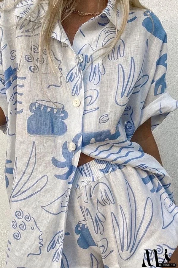 MidiSono - Quiet Beach Linen Blend Printed Oversized Blouse and Elastic Waist Shorts Set