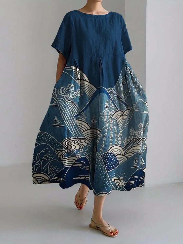 Mountains Landscape Japanese Art Linen Blend Maxi Dress