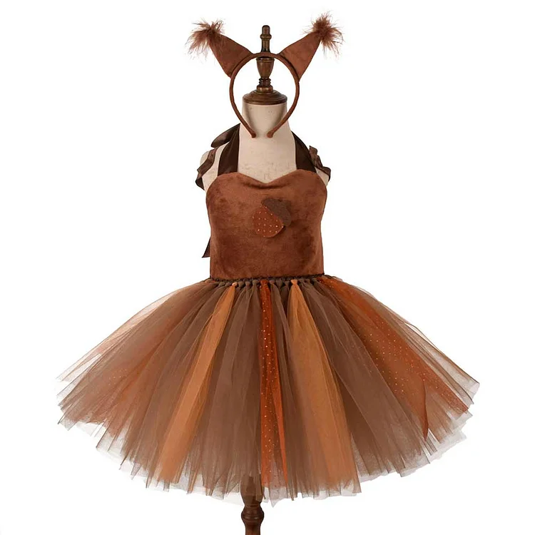Kids Children Animals Brown Squirrel Tutu Dress Outfits Cosplay Costume 