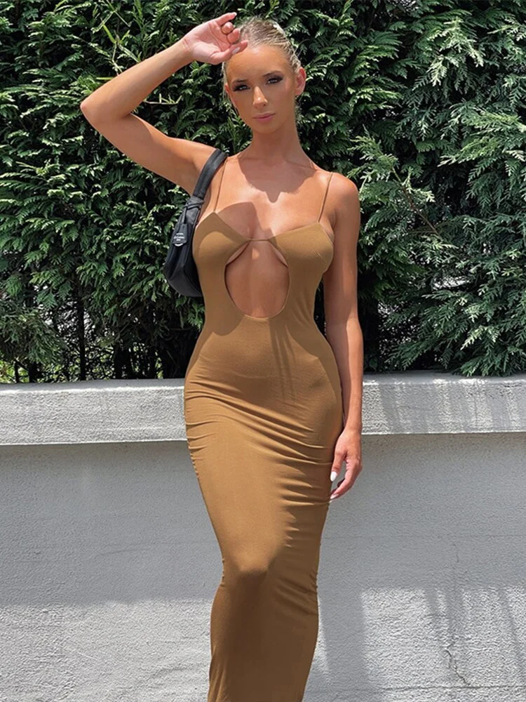 Jacuqeline Summer Y2K Midi Elegant Dresses for women 2022 Beach Party Club Backless Sexy Cut Out Halter Bodycon Dress Holiday