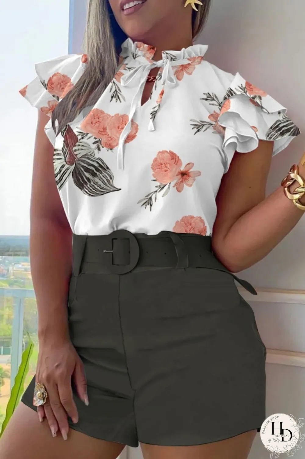 White Casual Print Bandage Patchwork With Belt O Neck Short Sleeve Two Pieces