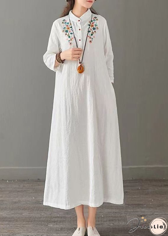 White Patchwork Cotton Long Dress Embroideried Stand Collar Fall