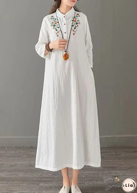 White Patchwork Cotton Long Dress Embroideried Stand Collar Fall