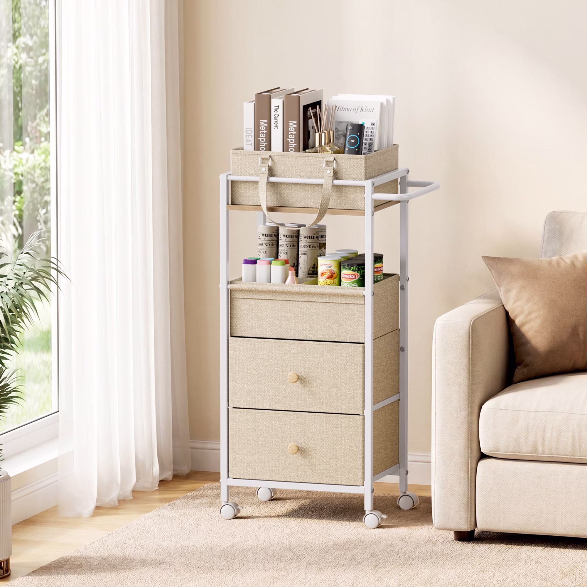 Baby Diaper Caddy Organizer Cart with Drawers - 3In1 Rolling Storage Cart with Wheels, Removable Diaper Caddy, Detachable Dividers - for Crib, Bedroom, Art & Craft Organizer (Off White)