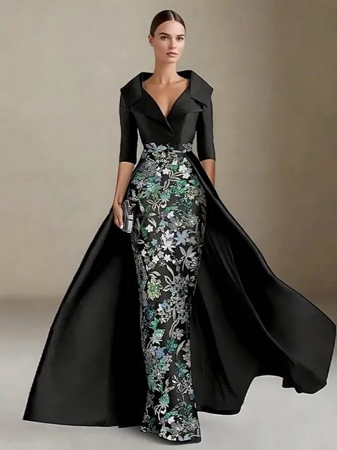 Lapel Embroidered Flowers Maxi Dress