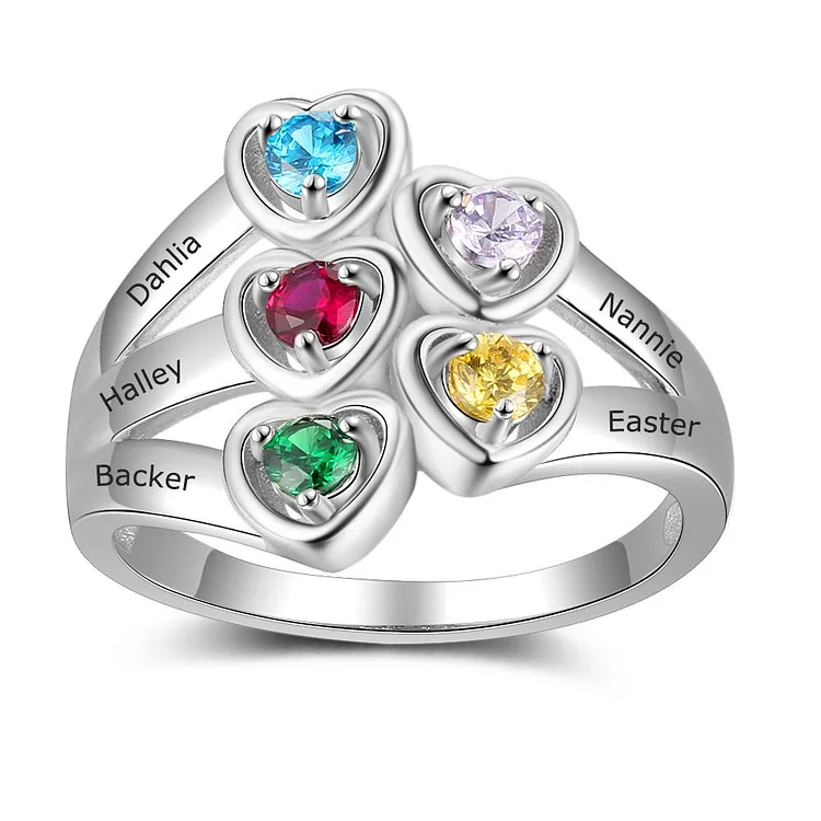 Personalized Mother Rings Heart Shape with 5 Birthstones Engraved 5 Names Mom Ring 5 Stones