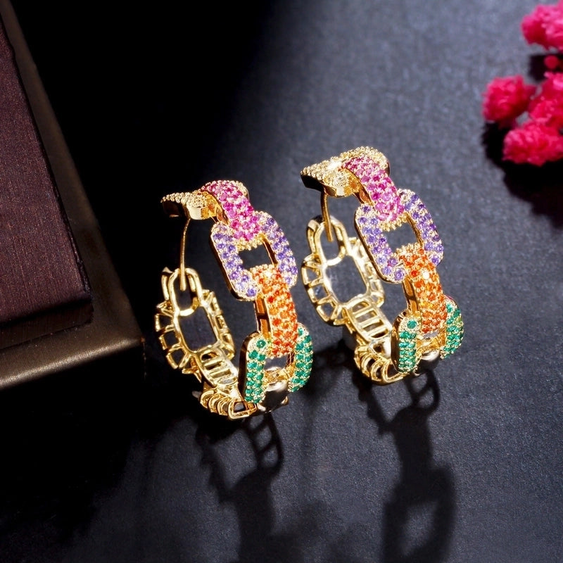 1 Pair Casual Vintage Style Round Rainbow Plating Inlay Copper Zircon Hoop Earrings