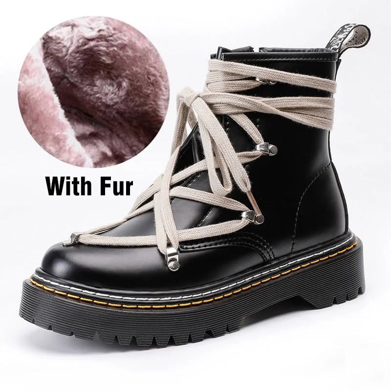 2021 Fashion Women Platform Boots Black Martin Winter Snow Boots Chunky Motorcycle Ankle Booties Female Leather Zipper Booties