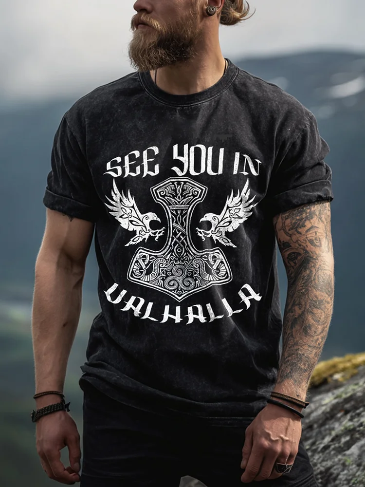 Wikinger inspirierte Druck gewaschene T-Shirt für Männer