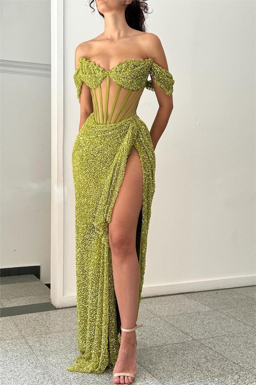 Exquisite Emerald Green Strapless Off the Shoulder Beadings Prom Dress with Split | MS0005  
