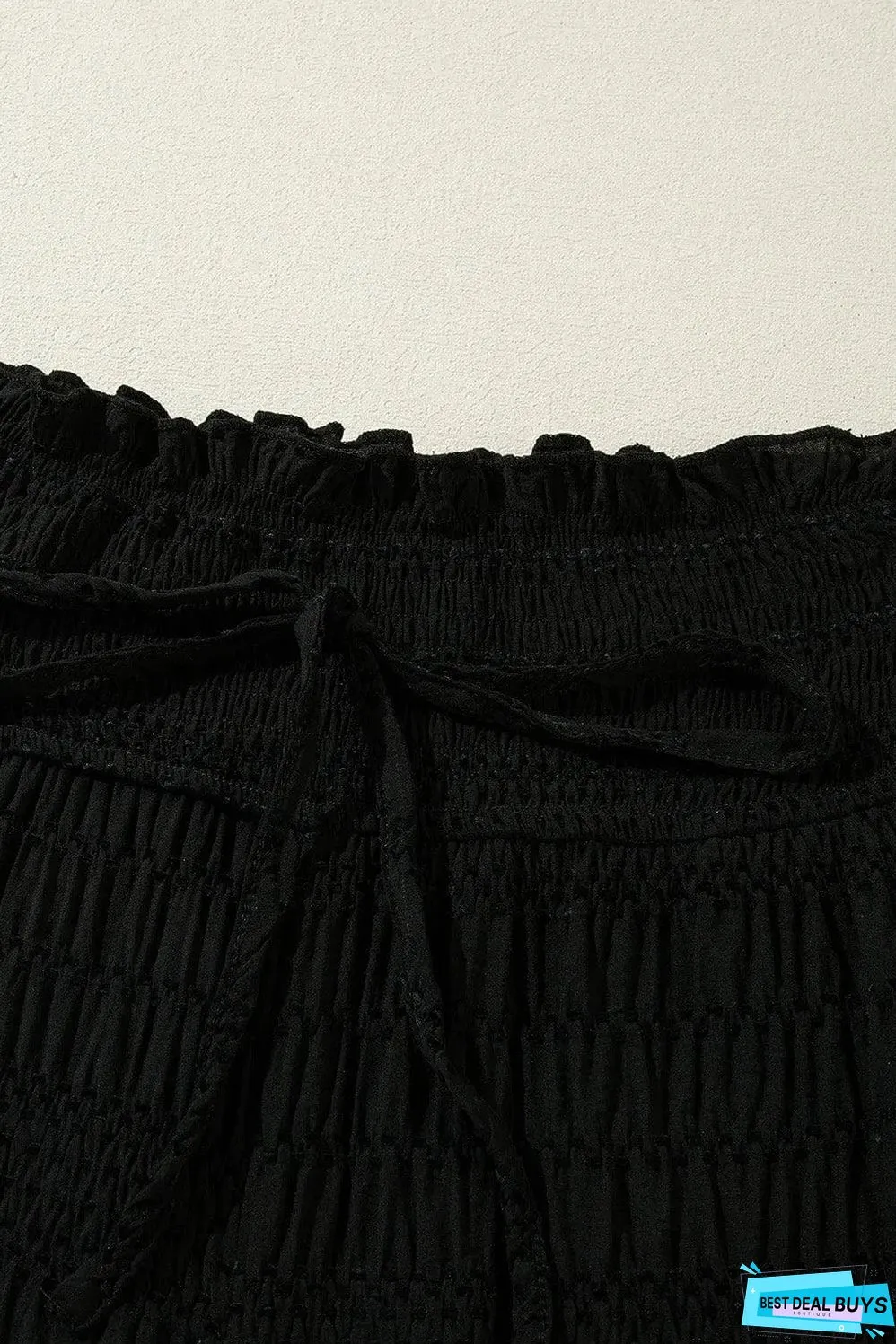 Black Textured Wide Smocked Waist Loose Pants