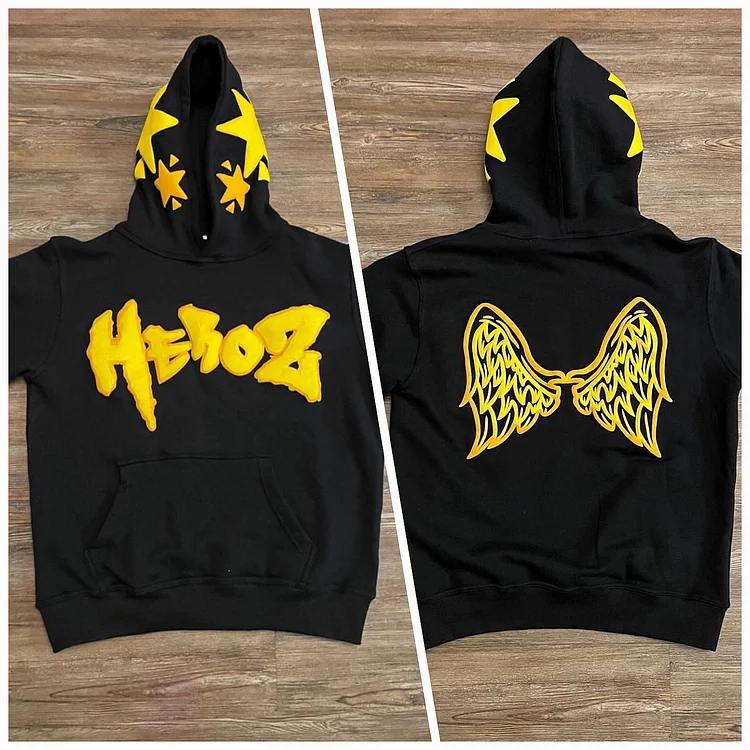 3D Letter Wings Foam Loose Pullover Hoodie High Street Hip Hop Retro Sweatshirt at Hiphopee