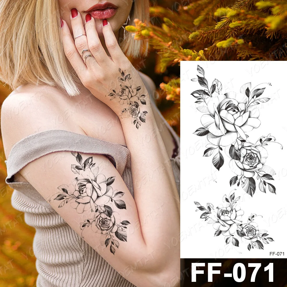 Waterproof Temporary Tattoo Stickers Peony Rose Flower Gun Flash Tattoos Female Black Sketch Body Art Arm Sexy Fake Tatto Male