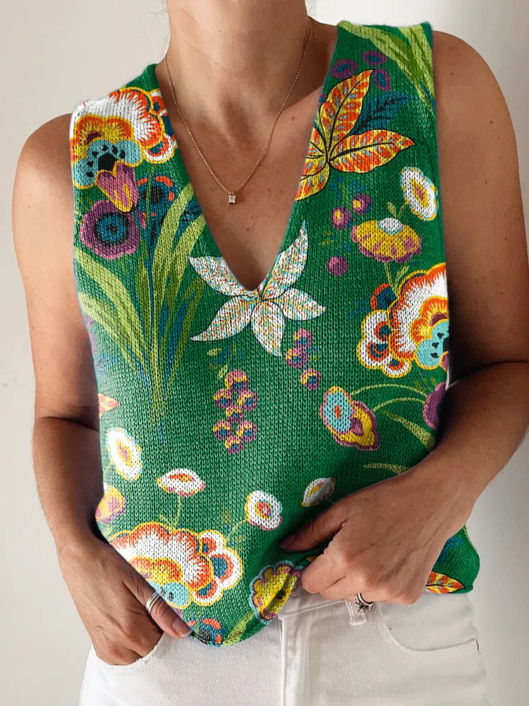 Women's Beautiful Ethnic Floral Art Print Casual V Neck Top Knitting