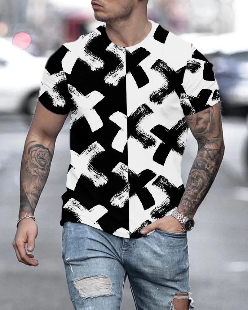men's black and white printed long-sleeved T-shirt