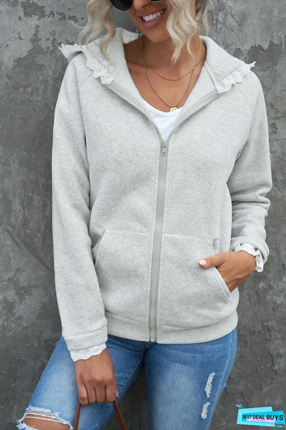 Lace Trim Zip-Up Hooded Jacket