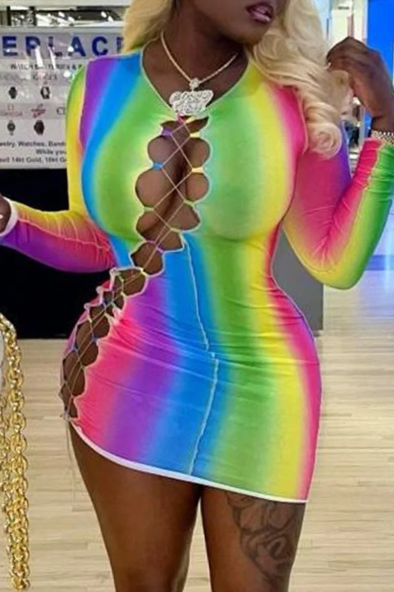 Rainbow Color Fashion Sexy Print Hollowed Out O Neck Long Sleeve Dresses | EGEMISS