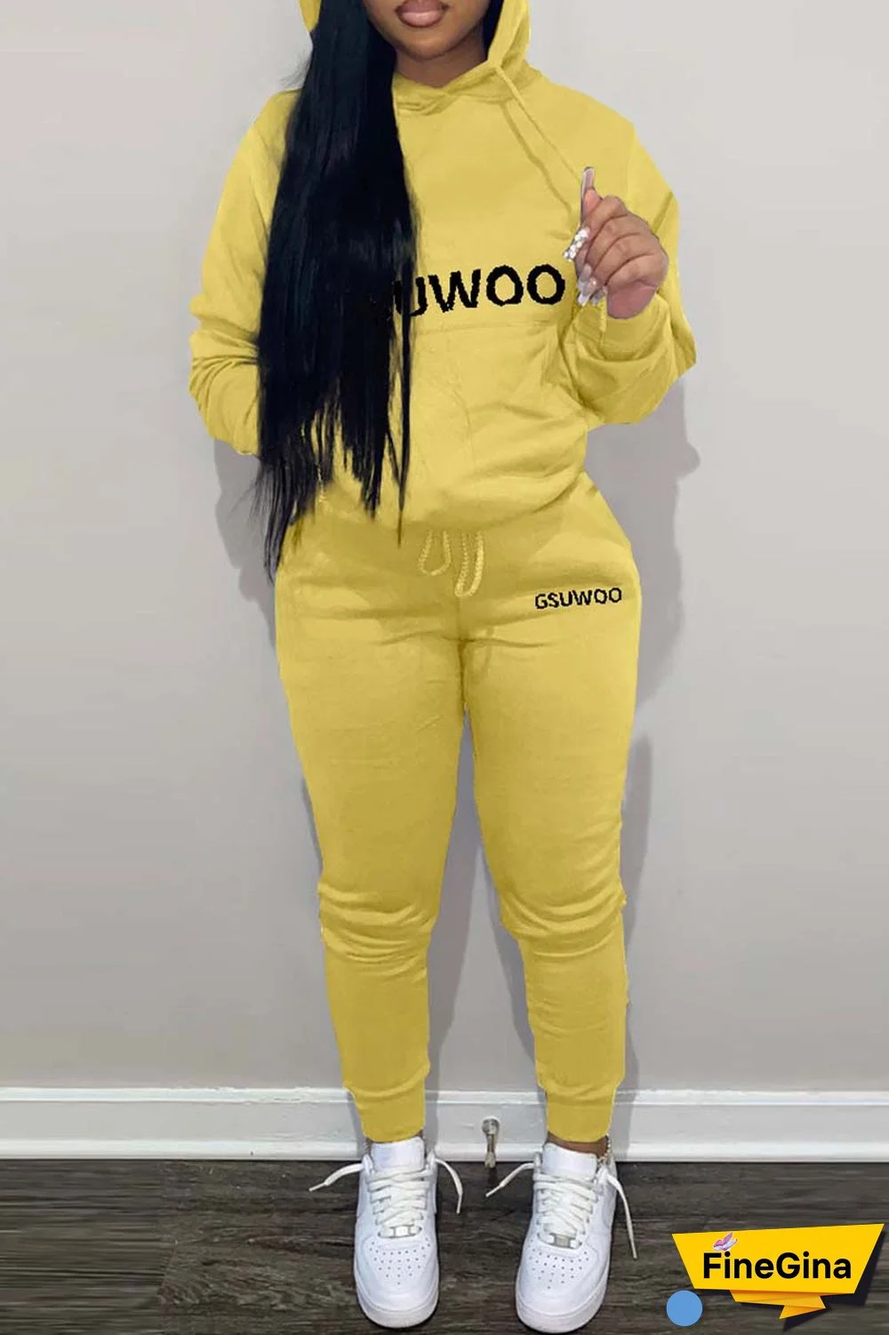 Khaki Casual Letter Print Basic Hooded Collar Long Sleeve Two Pieces