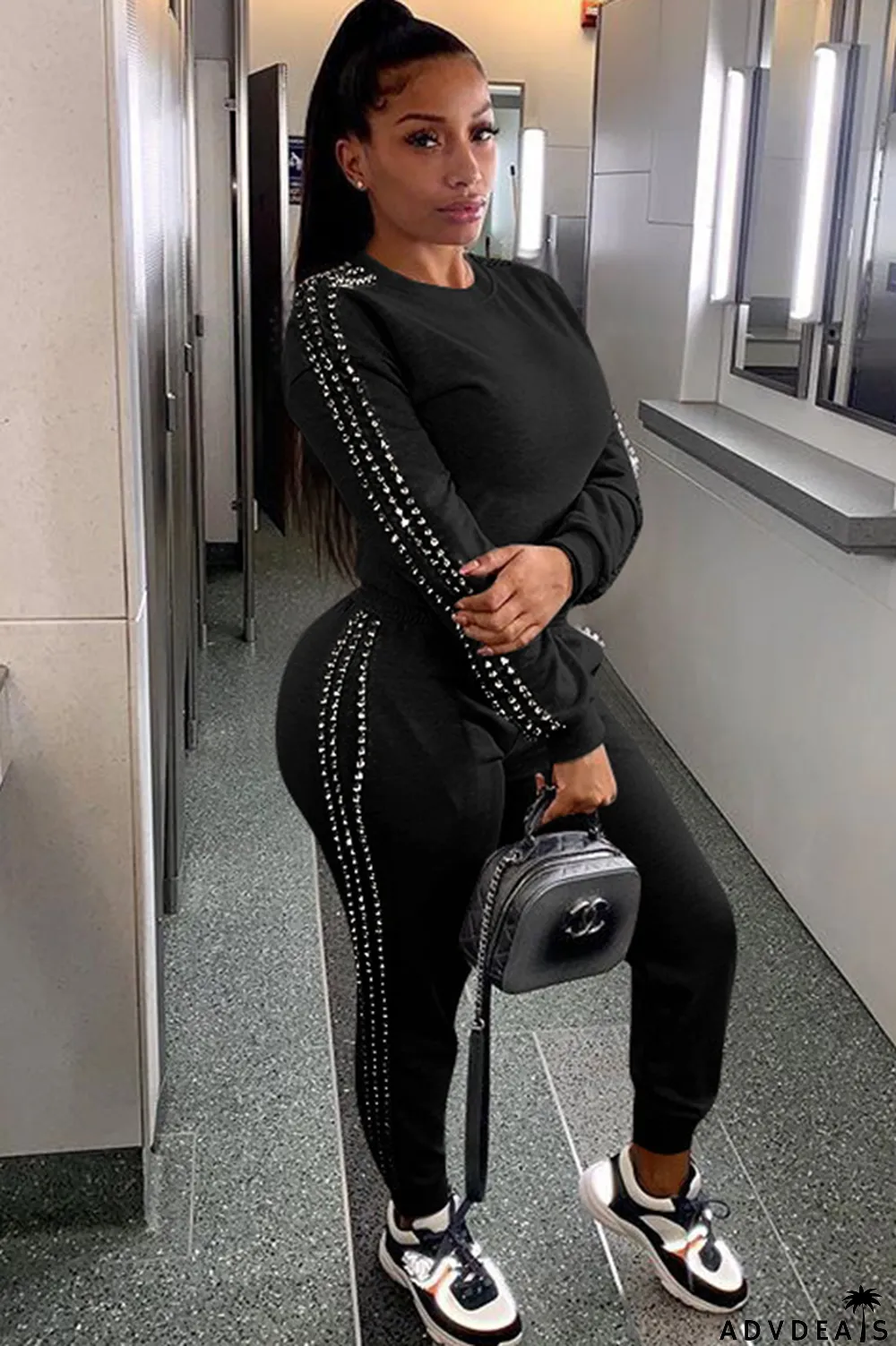 Black Casual Beading Solid Two Piece Suits Patchwork pencil Long Sleeve Two-piece Pants Set