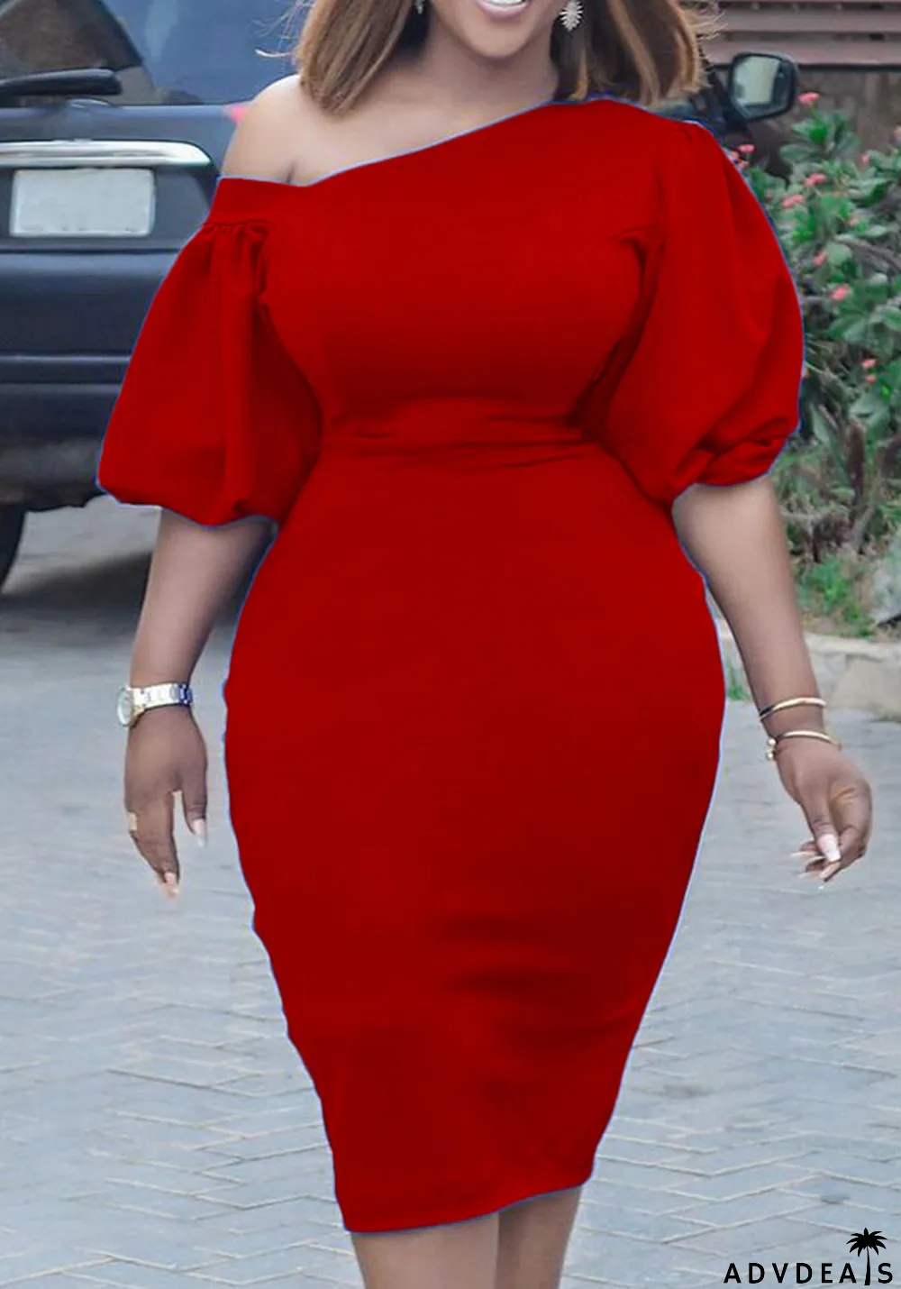 Women Summer Red Modest Slash Neck Half Sleeves Solid Midi Straight Plus Size Casual Dress