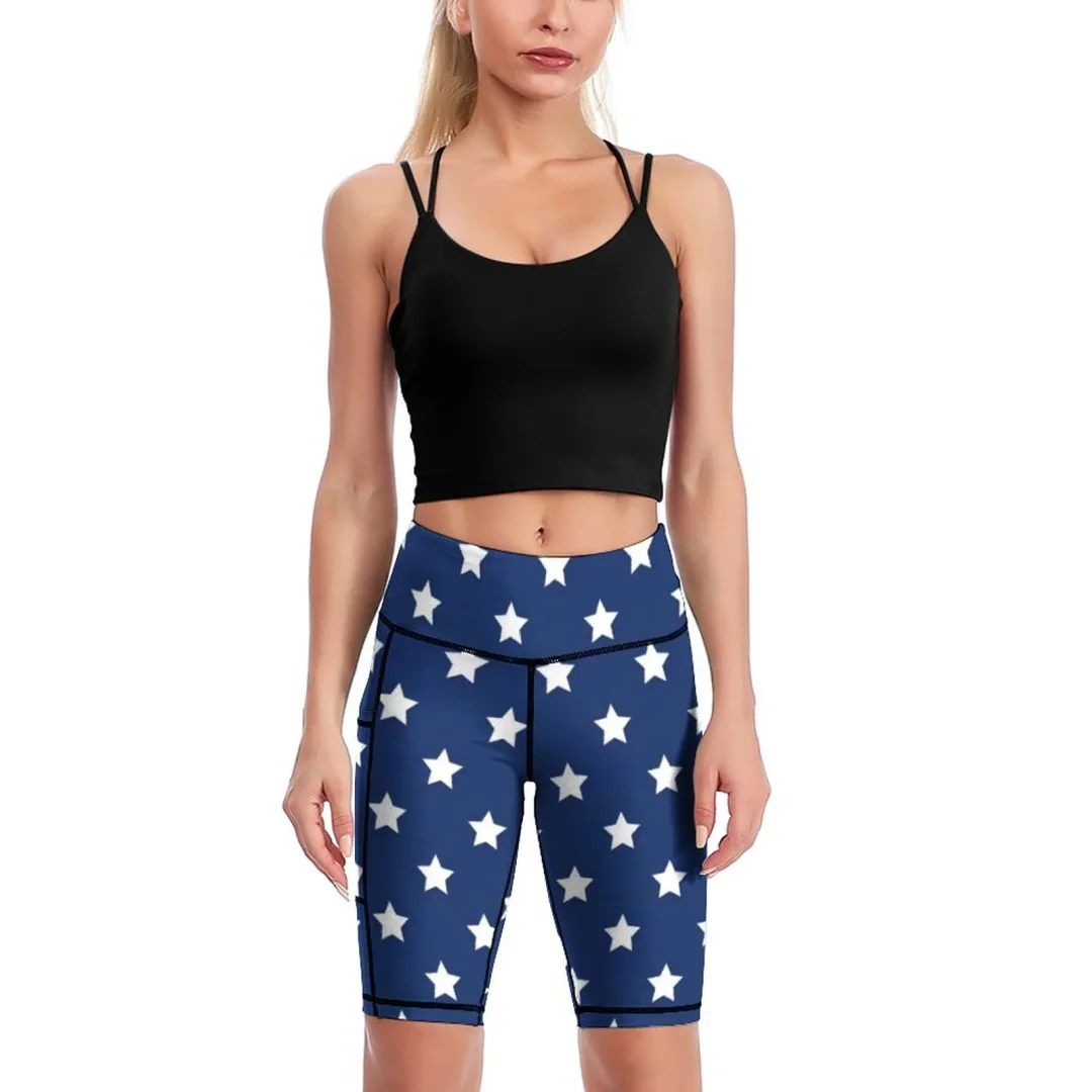Fourth of July Knee-Length Yoga Shorts Women High Waisted Tummy Control Workout Running Biker Shorts With Pocket