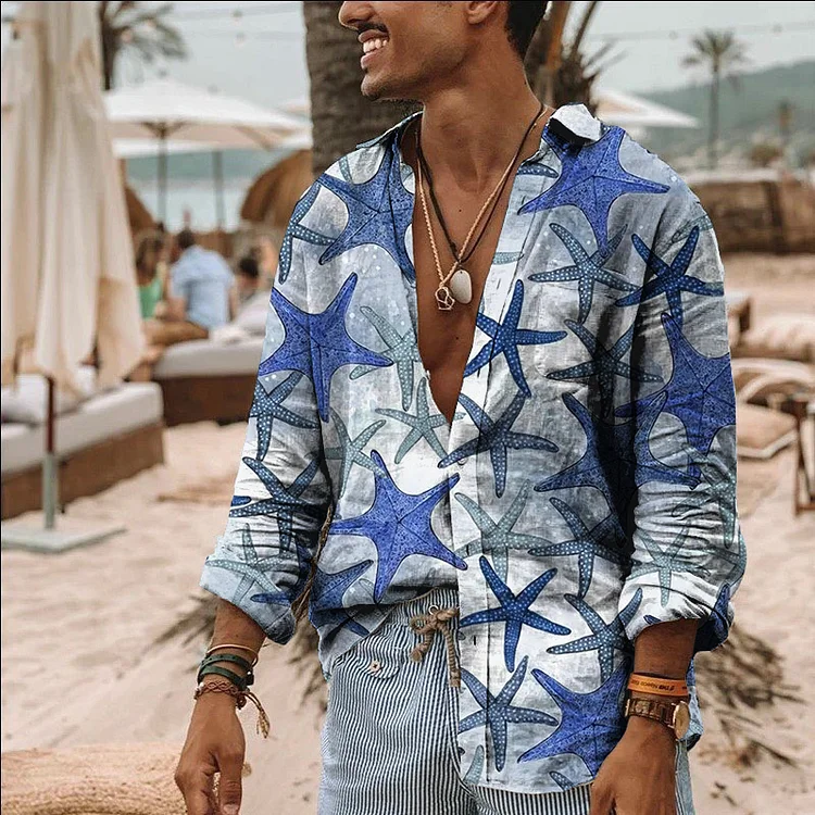 Starfish men's cotton linen long sleeved shirt top