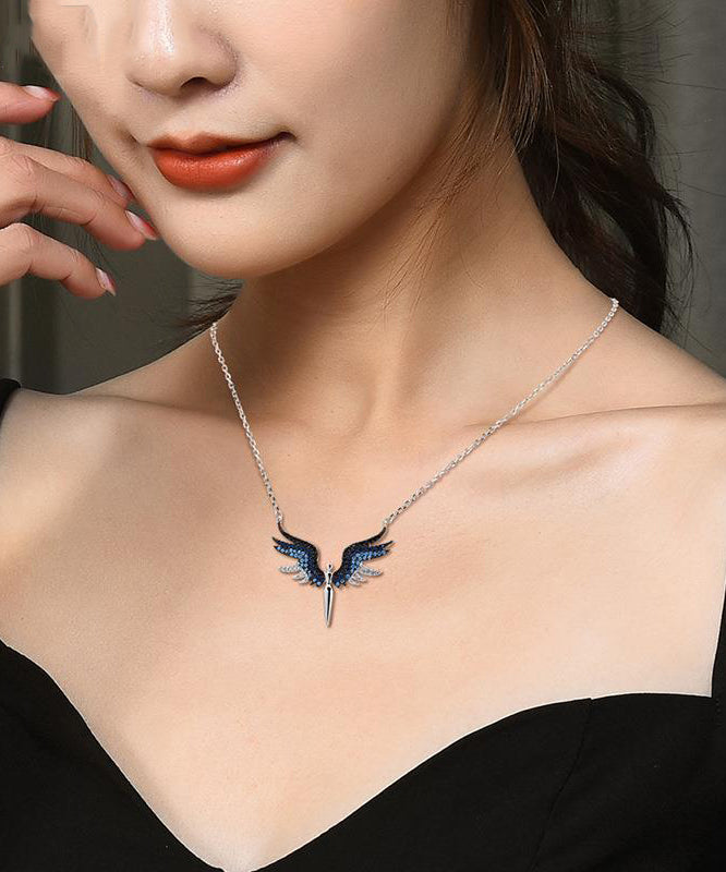 VCSHOES Blue Zircon Wing Metal Pendant Necklace