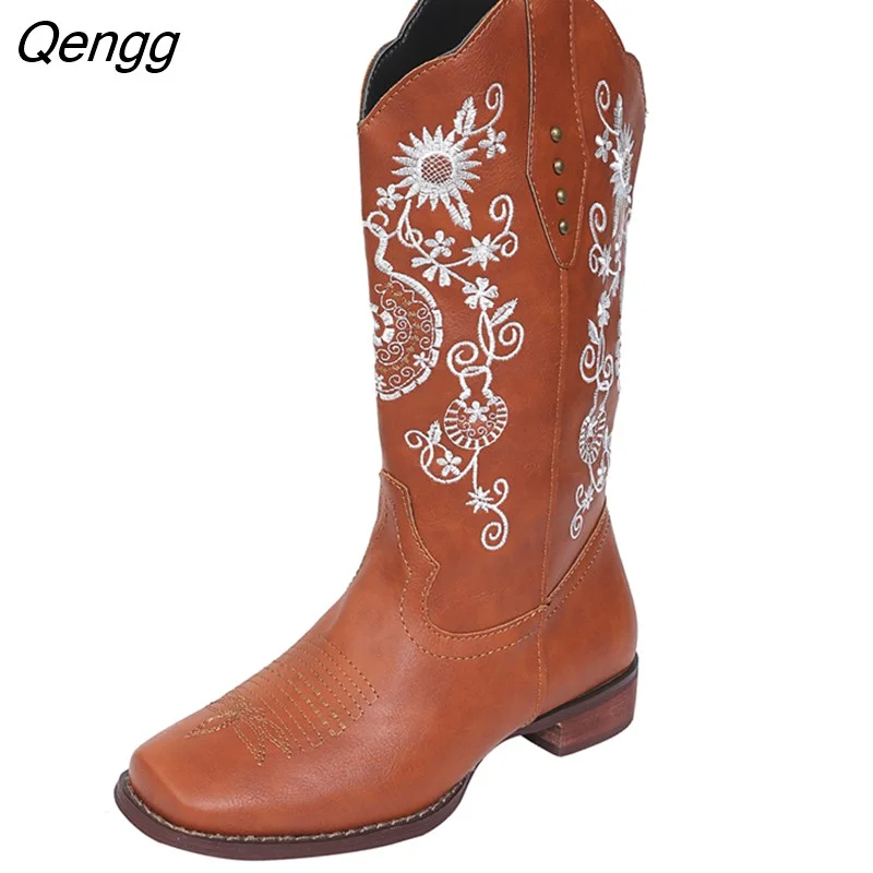 Qengg Women's Fashion Spring Low Heel Winter British Embroidered Luxury Brand Design Autumn Goth Party Thigh Knee High Boots Pink 2023