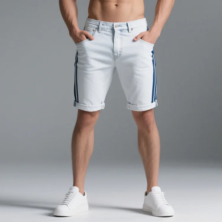 Okaywear Mid Rise Pocket Blue Stripe Denim Shorts 