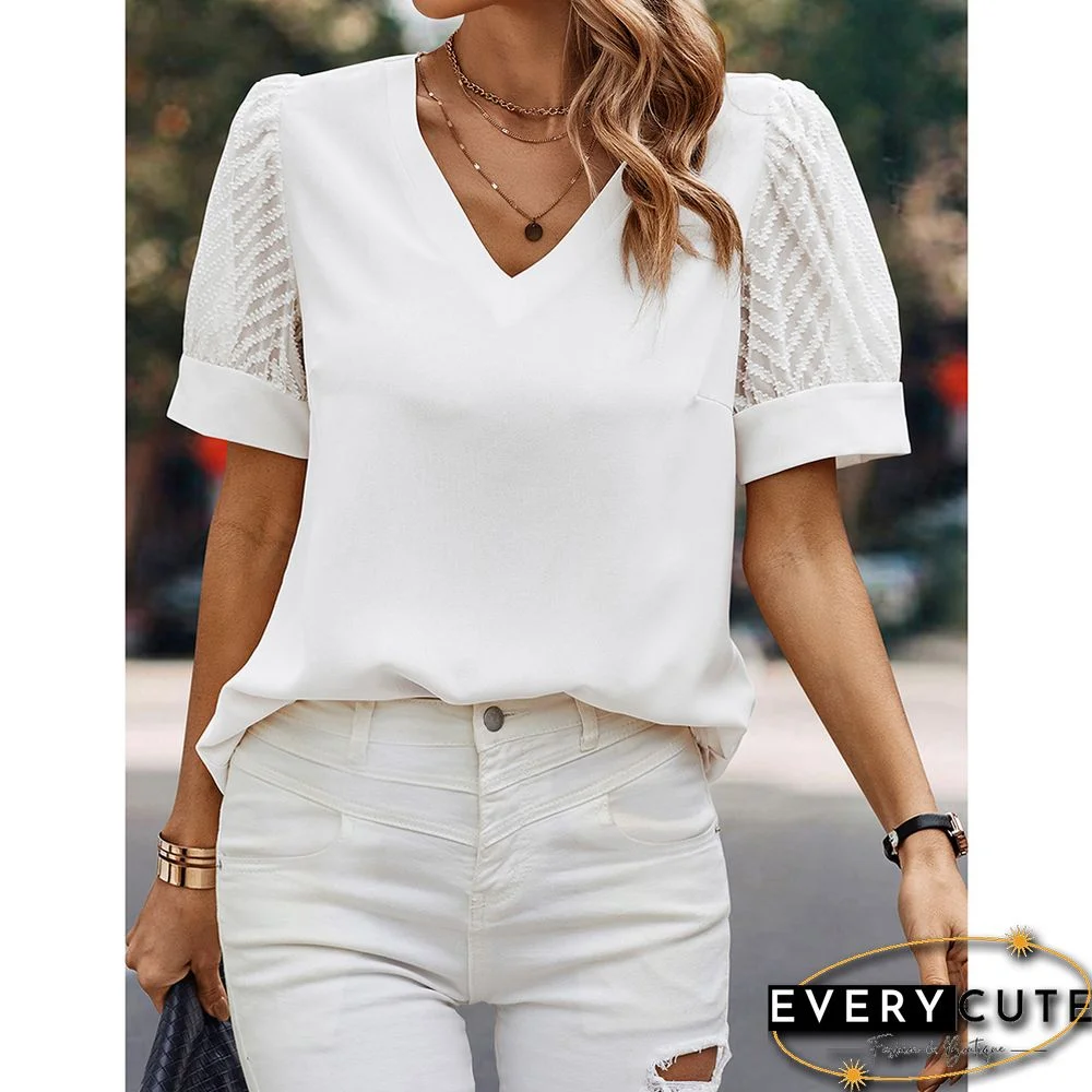 White V-neck Mesh Short Sleeved Knitted Blouse
