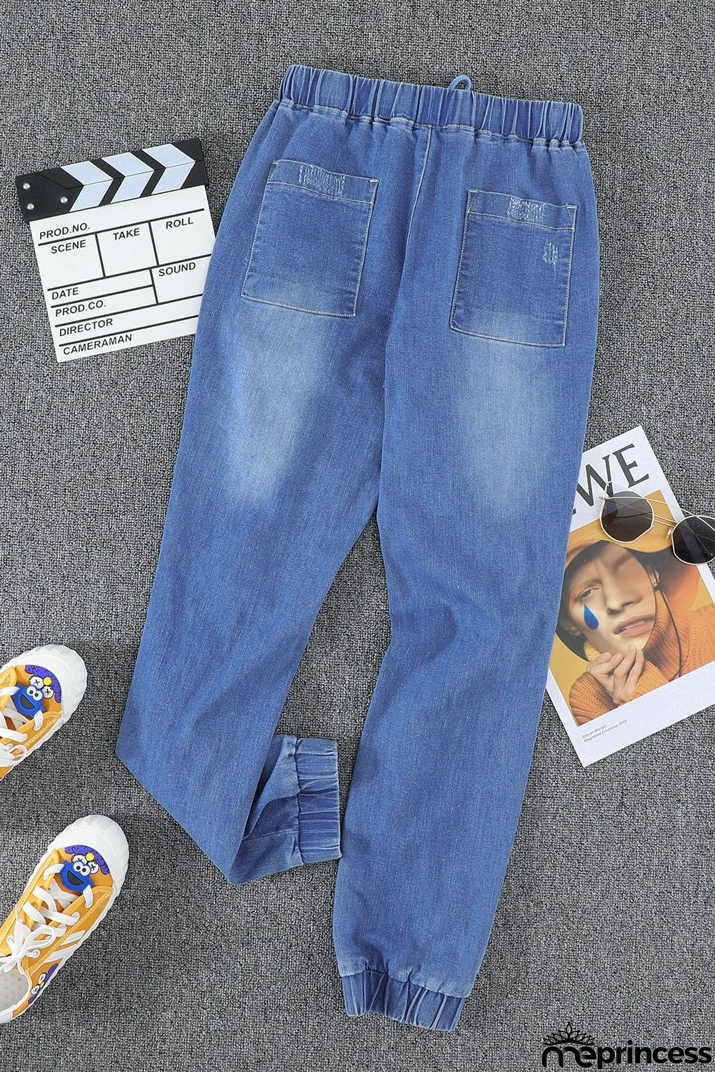 Women's Sky Blue Pocketed Distressed Jean Joggers