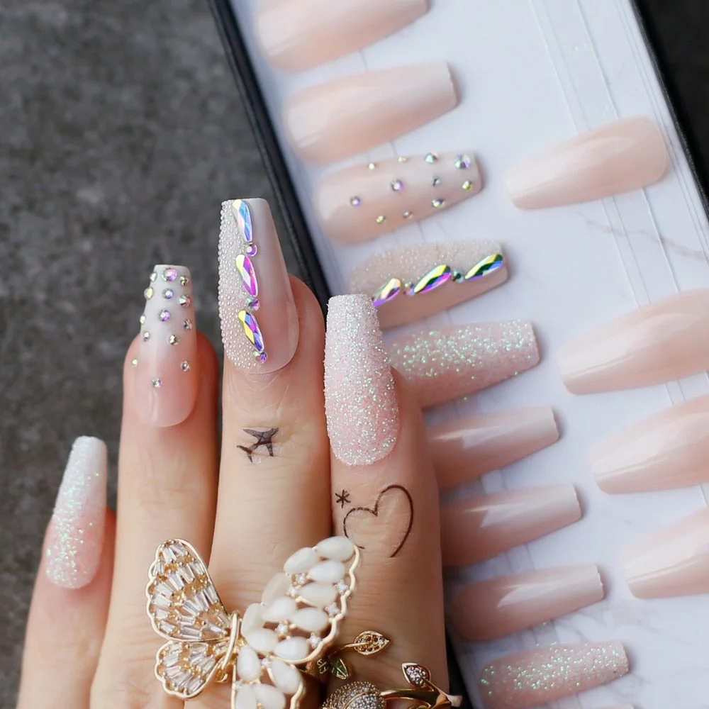 Coffin Acrylic Ombre False nails baby boom cute French glitter Ballet rhinestones Press on nails with Black box Glossy caviar-Nail Inspo