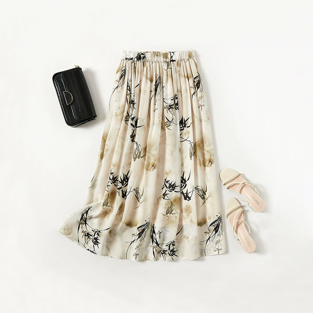 Fresh and Elegant Silk Skirt with Multicolored Floral Prints for Holiday REAL SILK LIFE