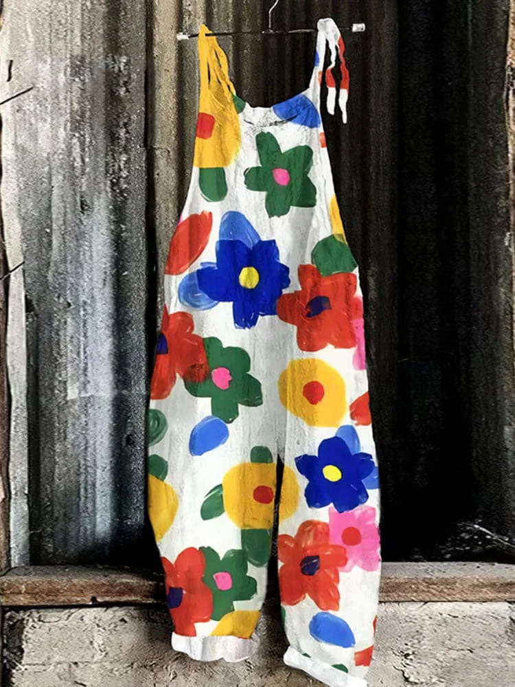 Vintage Flowers Colorful Graffiti Graphic Casual Loose Jumpsuit