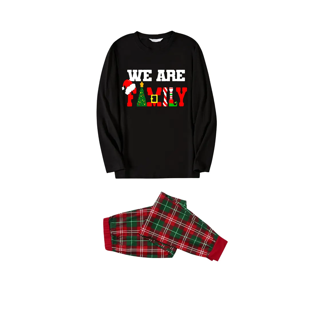 We are family Text Pattern Red and Green Plaid Family Matching Pajamas